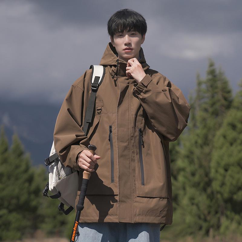 

Men s Hooded Windbreaker Jacket - Mountain Series, Multi-Pocket, Japanese Trend, Spring/Autumn Workwear XL чёрный