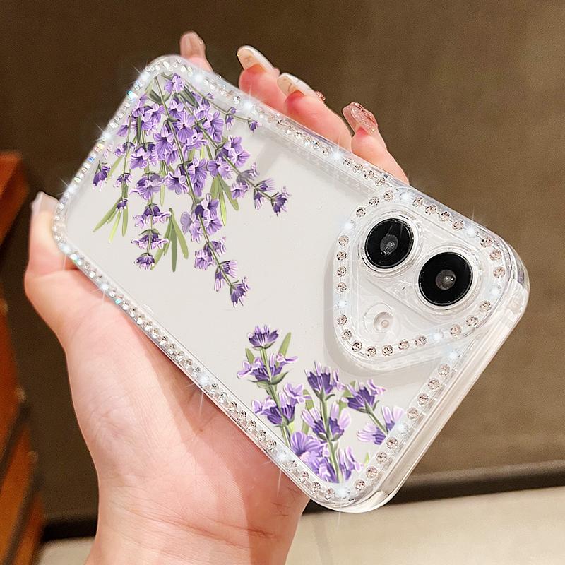 Floral Pattern Clear Shockproof Phone Case For iPhone 16E 16 Pro Max 15 Pro 14 13 12 11 Diamond Frame Anti-Fall Soft Silicone Bumper Cover