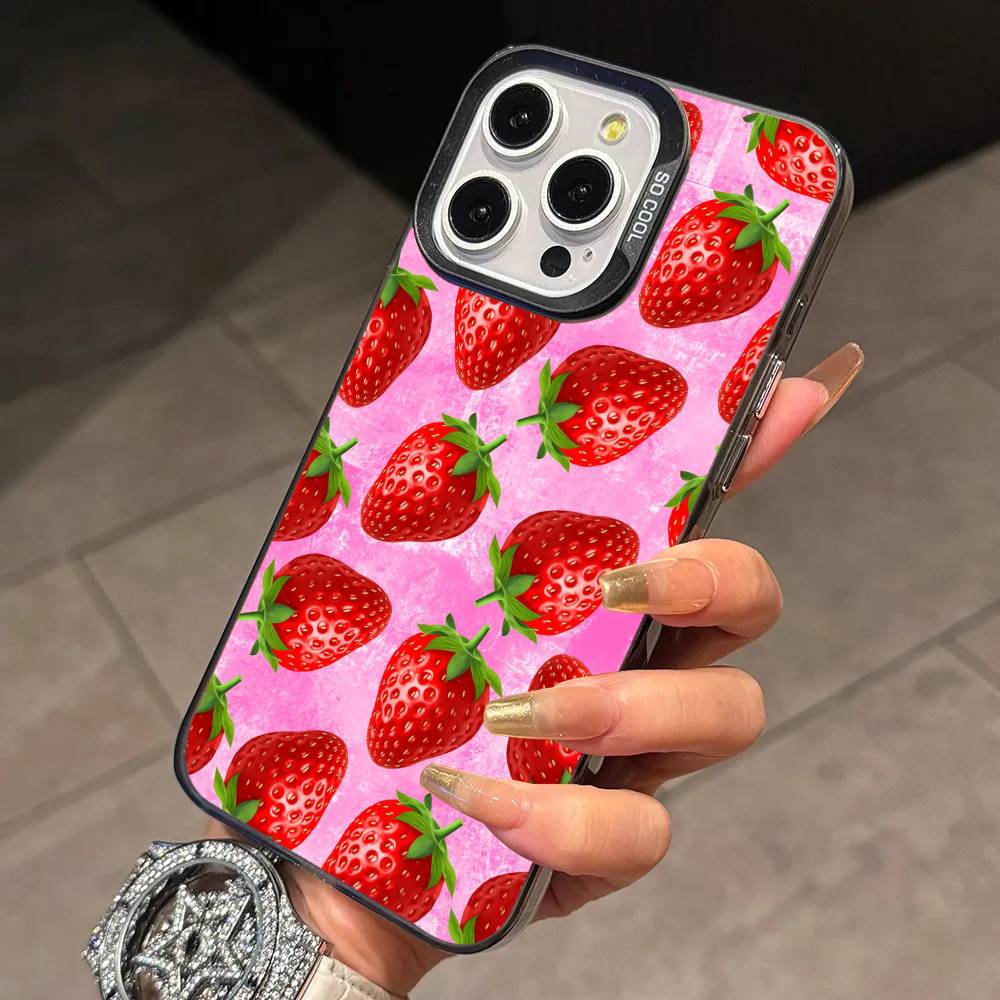 Cute Strawberry Phone Case For iPhone 17,16,15,14,13,12,11 Plus,Pro Max,XS,Colorful Silver Phone case Funda Cover