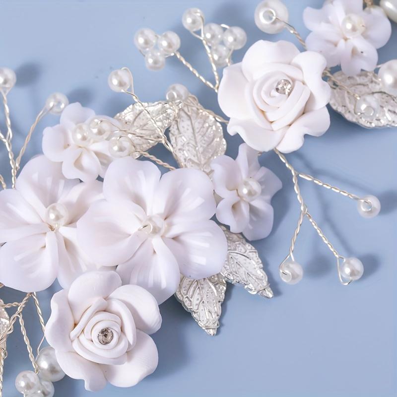 1Pc Flowers Bridal Wedding Hairstyle Vine Pearl Bridal Hair Piece Leaf Hair Accessories Rhinestone Headband Ladies and Daily Use