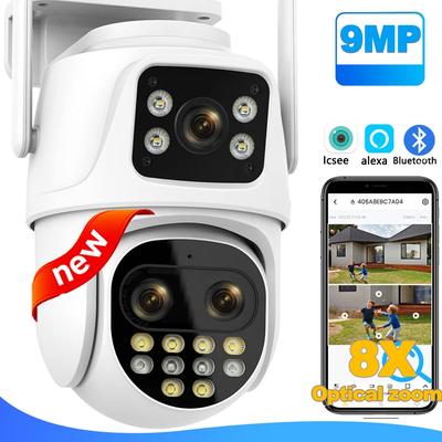 New EU 9MP WiFi IP Camera Outdoor 8x Optical Security Camera Triple Lens Dual Screen CCTV ICsee WiFi Surveillance Night Vision  Auto Tracking