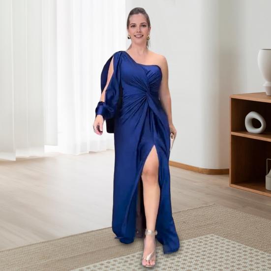 Abendkleid für Damen, eine Schulter, einzelne offene Ärmel, geteilter Saum, einfarbig, schmale Taille, plissiertes Knotendekor, Abschlussball, Cocktailparty, Maxikleid, Ballkleid