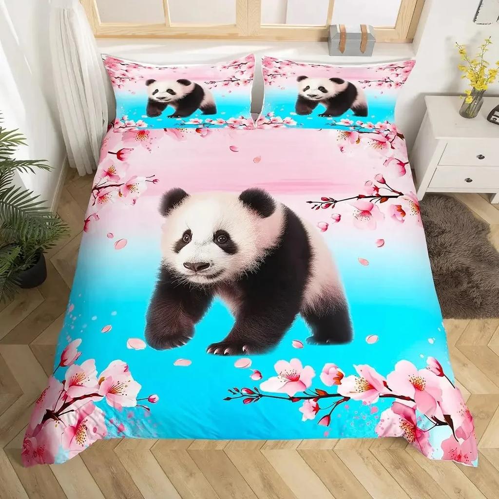 Panda Duvet Cover Cute Cartoon Animal Bedding Set Green Bamboo Print Comforter Cover Lovely Wild Animal Panda Bedspread Cover