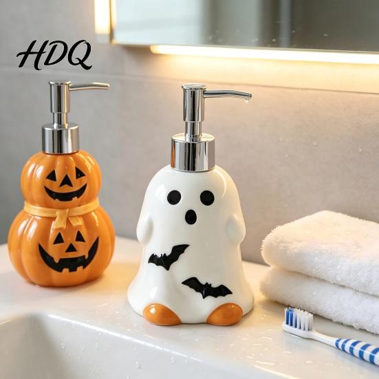 Countertop Soap Dispenser Halloween Ceramic Ghost Dispenser with Stainless Steel Pump Pumpkin Refillable Lotion Liquid Hand Container Empty Shower