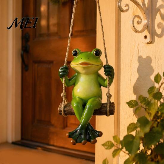 Pastoral Style Outdoor Decor Garden Swing Frog Statue, Resin Hanging Ornament, Whimsical Hand Painted Crafts Cute Figurine for Front Porch Yard