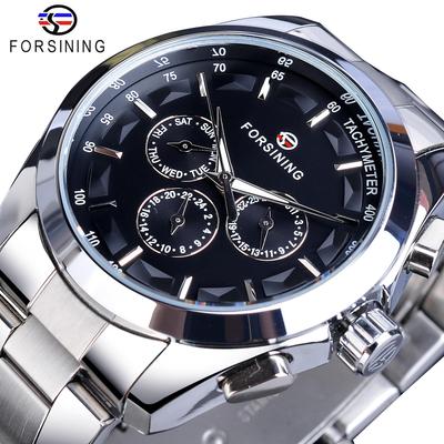 Orologio meccanico da uomo nero Calendario a 3 quadranti Orologio automatico a carica automatica Orologio da polso sportivo con cinture in acciaio inossidabile