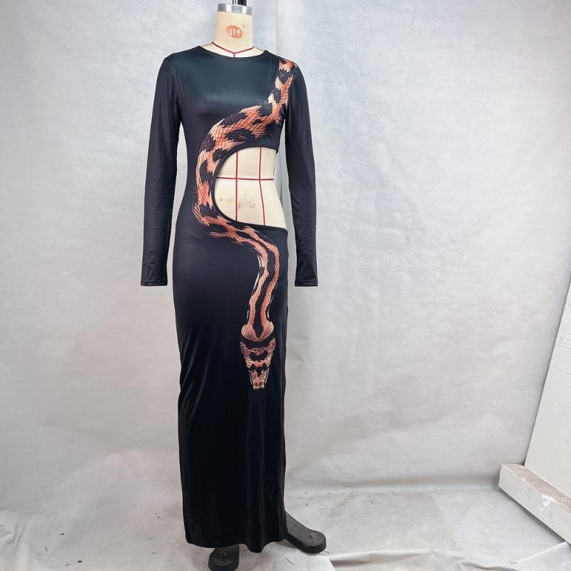 

Женское осенне-зимнее платье Spice Girls с высокой талией и длинными рукавами, сексуальное облегающее платье со змеиным принтом M чёрный