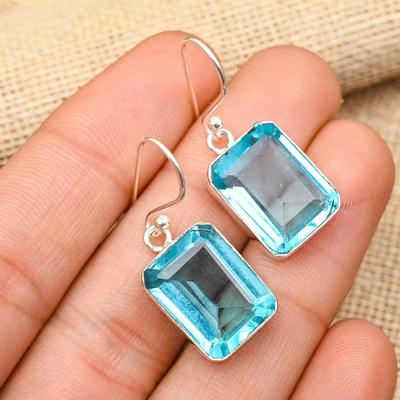 Wunderschöner blauer Topas Edelstein, handgefertigt, 925 Sterling Silber, Ohrringe als Hochzeitsgeschenk