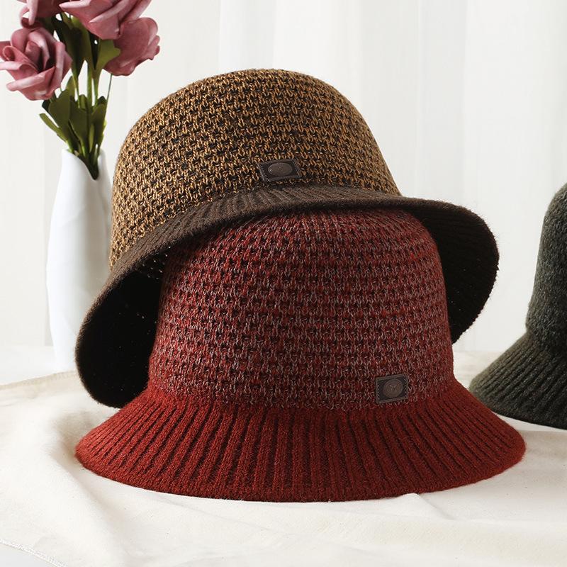 Hat Women's Autumn and Winter New Trendy Casual Versatile Knitted Wool Bucket Hat Medium and Old Small Edge Basin Hat Mother Hat