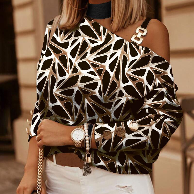 Damen Frühling Neue Mode Kontrast Farbe Diagonal Schulter Kette Hängenden Hals Print Top