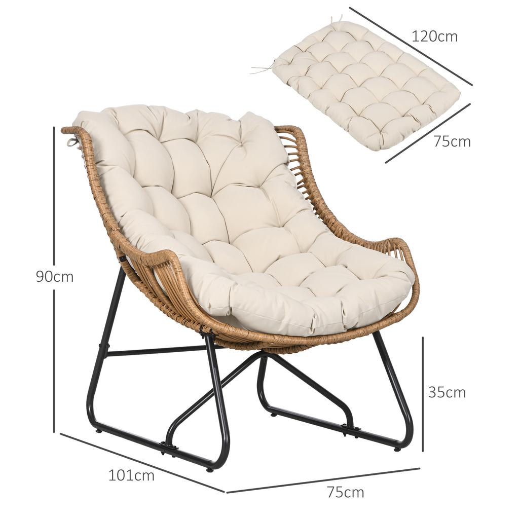 Gartenlounge, Rattan-Optik, Outdoor-Sessel, mit Kissen, Metallgestell, 75x101x90 cm, Natur/Khaki/Schwarz