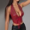 Cardigan sexy de menina quente com decote profundo e barbatanas, cor sólida, alça de pescoço halter, colete pequeno, suspensórios de couro