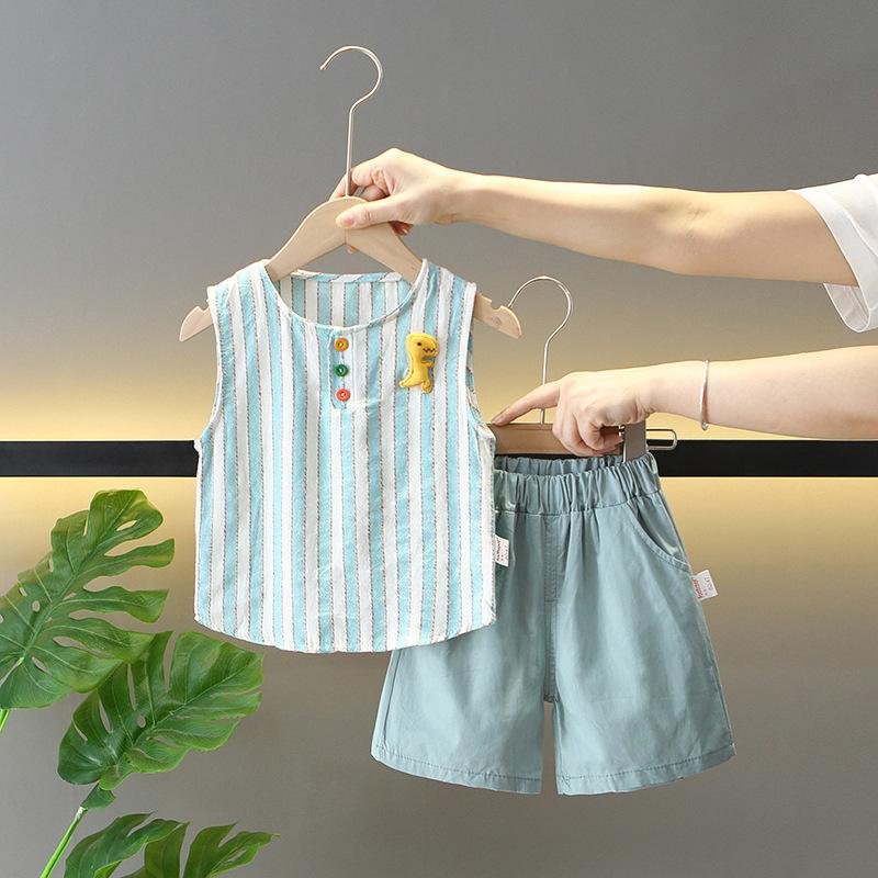 Kids Sleeveless Summer Set with Cartoon Shorts and Black Tank Top for Boys and Girls 110