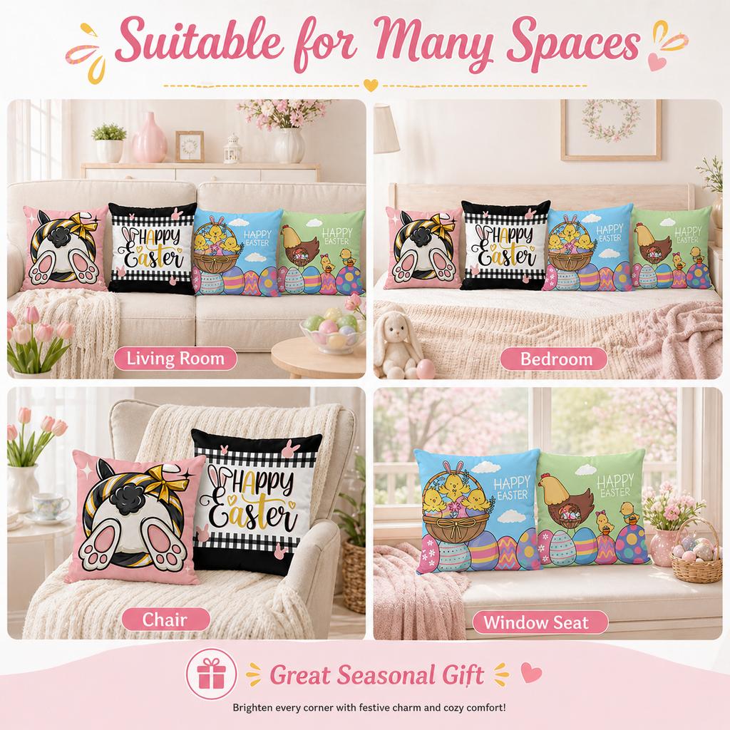 Happy Easter Bunny Egg Pillow Cover 2D Flat Print Peach Skin Plaid Cushion Cover For Couch Living Room Spring Decor 45X45