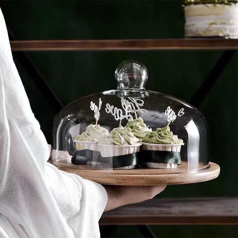

Rotating Wooden Cake Tray with Glass Dome and Lid