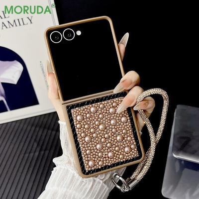 For Samsung Galaxy Z Flip7 Flip 7 6 5 4 3 Flip6 3D Water Droplet Pearl Case Shiny Wristband Bracelet Soft Frame Protective Shell
