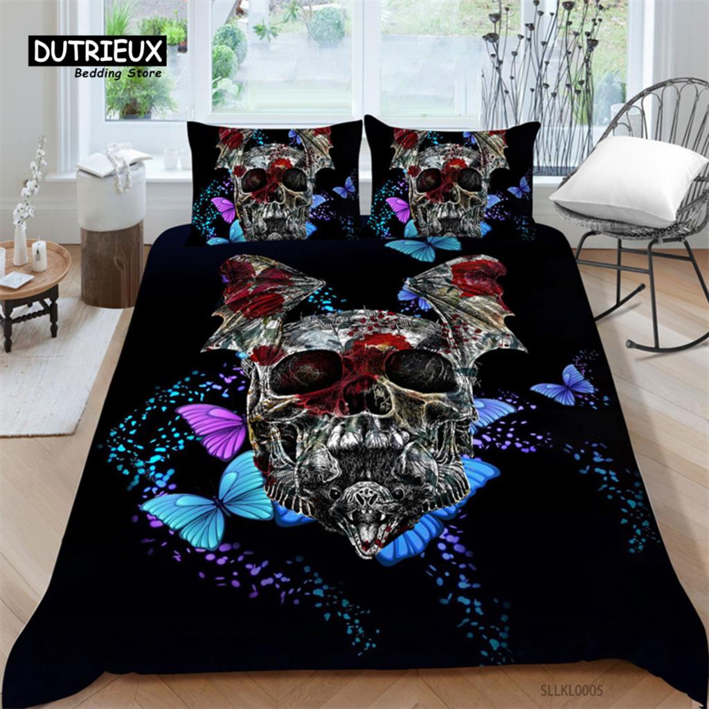 Sugar Skull Duvet Cover Gothic Skull Skeleton Bedding Set Horror Theme Comforter Cover Full King For Teens Adults Bedroom Decor