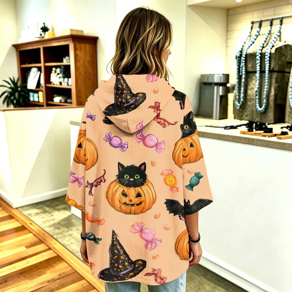 Women's Halloween Printed Hooded Pullover Top with 3/4 Sleeves for Casual Everyday Wear