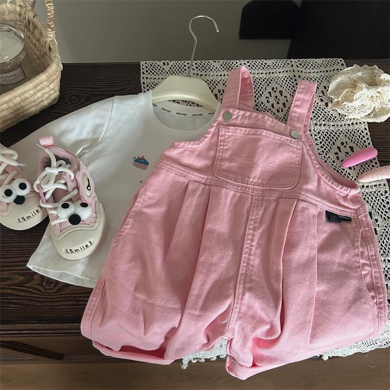 Zestaw Różowy Kombinezon i T-shirt w Koreańskim Stylu dla Dziewczynek Wiosna 2025