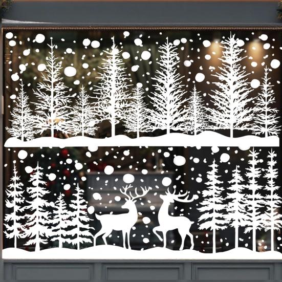 8Pcs Christmas Window Cling Removable Waterproof PVC Snowy Forest Tree Reindeer Static Glass Sticker Winter Holiday Party Decoration Decal