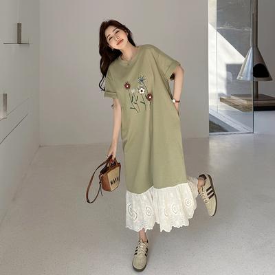 Women Summer Midi Dress O Neck Short Sleeve Patchwork Plus Size Long Dress Loose Lace Ruffles Maxi Dress