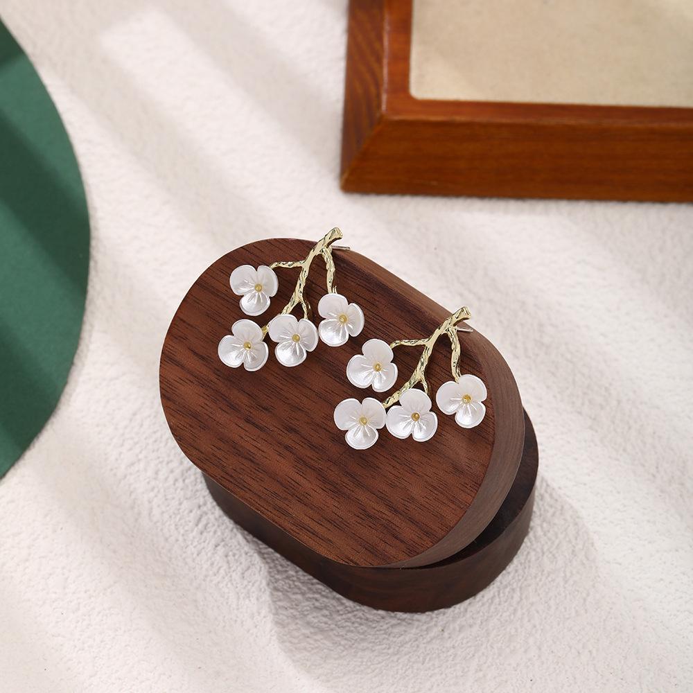 Spring Plum Blossom Branch & Leaf Earrings: Elegant, Light Luxury Design for Women