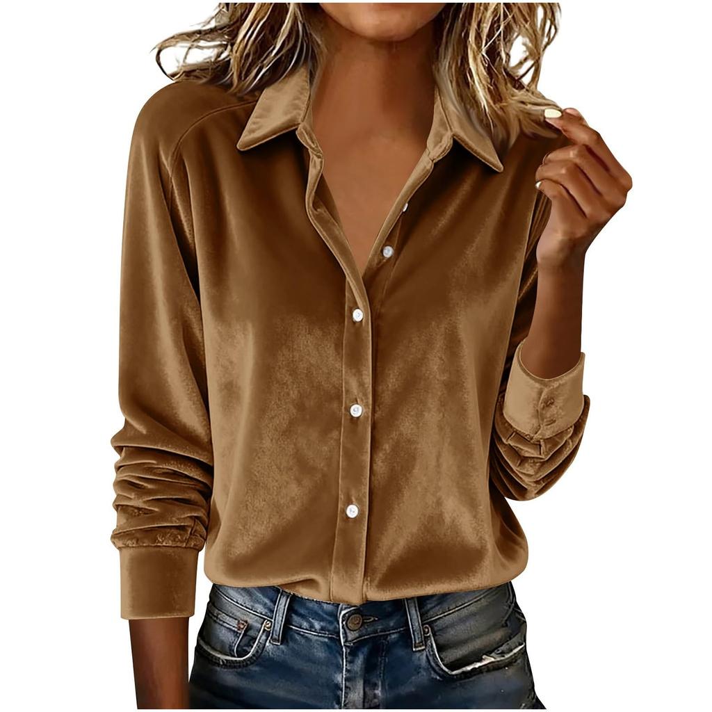 Women's Fashionable Color Lapel Long Sleeved Casual Loose Gold Velvet Shirt Top