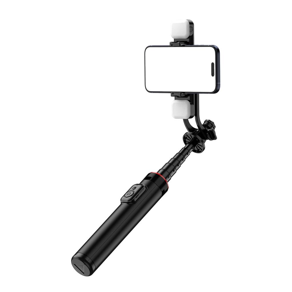 Palo selfie Wc12Yds Trípode Telescópico 1.3M de Aleación de Aluminio con Doble Lámpara y Soporte para Teléfono - Negro