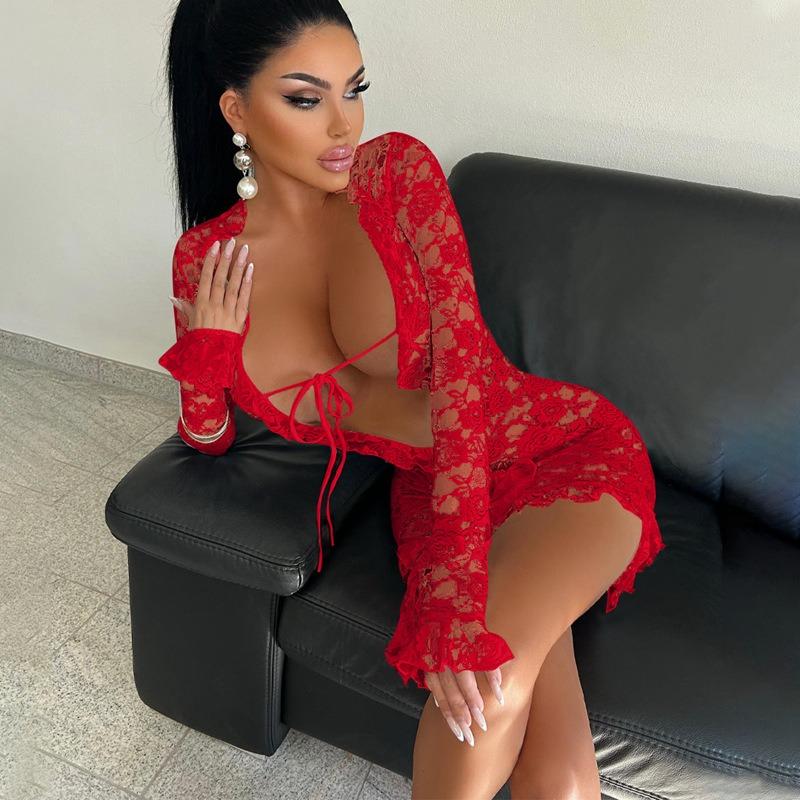 Women Solid Color Long Sleeve Sexy Lace Sheer Deep V High Waist Bodycon Mini Dress