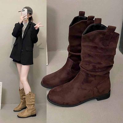 Botas de Caça Marrons Femininas Novas Outono Maillard Wasteland Botas Ocidentais Cano Médio Cavaleiro Pilha Botas Curtas