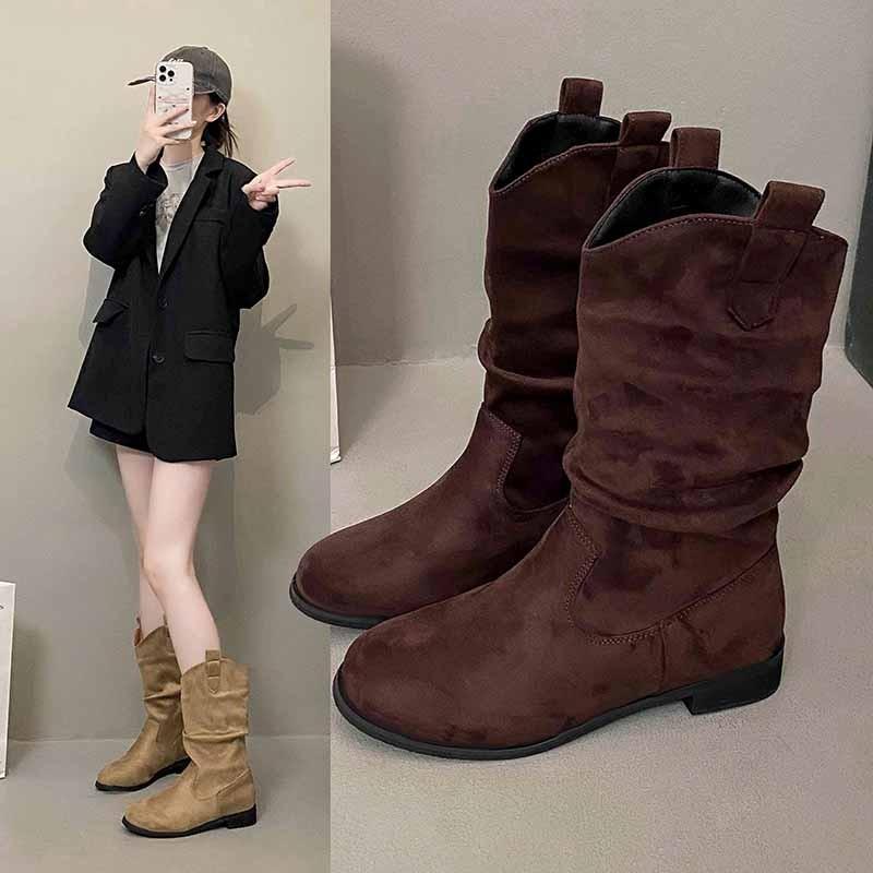 Brown Martin Boots Women's New Autumn Maillard Wasteland Western Boots Medium Tube Knight Pile Short Boots