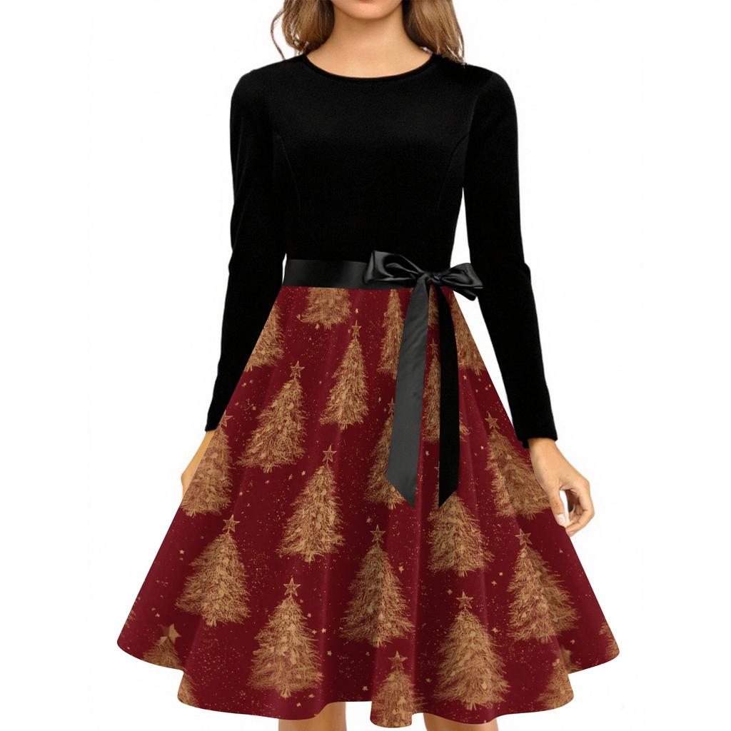 Women's Casual Christmas Print Neck Vintage Dress for Holiday Party
