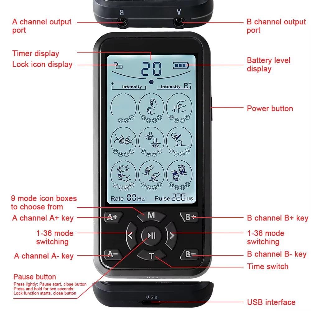 36 Modes Electric Tens Relax Muscle Stimulator EMS Acupuncture Body Massager Digital Therapy Slimming Machine Electrostimulator