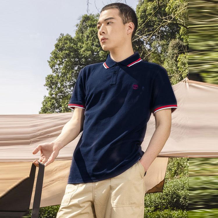 Timberland SS22 Casual Striped Breathable Short Sleeve Polo Shirt Men tops Deep-Sapphire-Blue A62SH-433