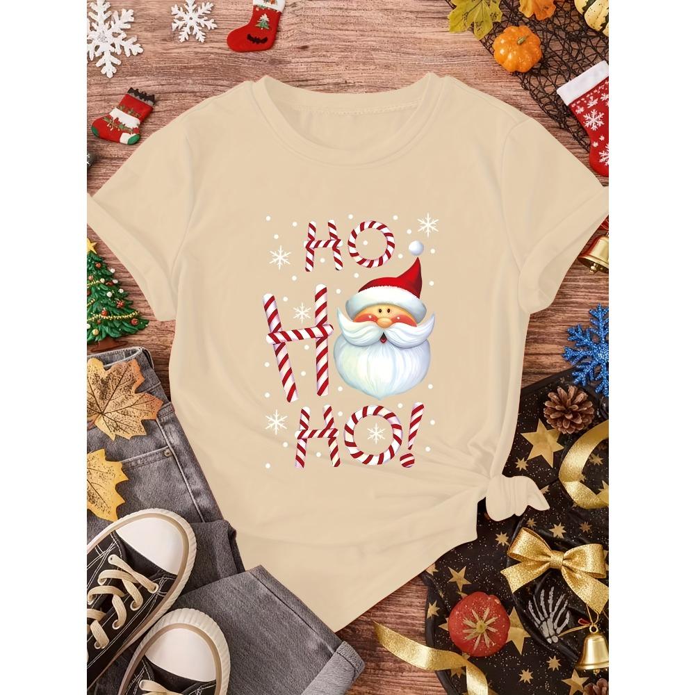 Fashion Spring and Summer New Models, Women's Crew Neck, Cartoon Santa Pattern Letter Printing Short Sleeves