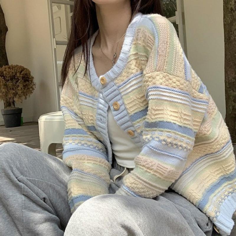 Early Autumn & Winter Women's Korean-Style Loose Striped Outerwear: Versatile Thin Knit Sweater Cardigan Coat