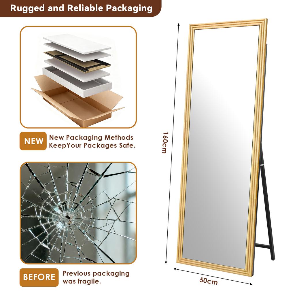 Straight Full-Length Mirror with Wood Frame In Brown, 160 X 50 Cm, with Adjustable Metal Stand, Suitable for Residential and Commercial Spaces