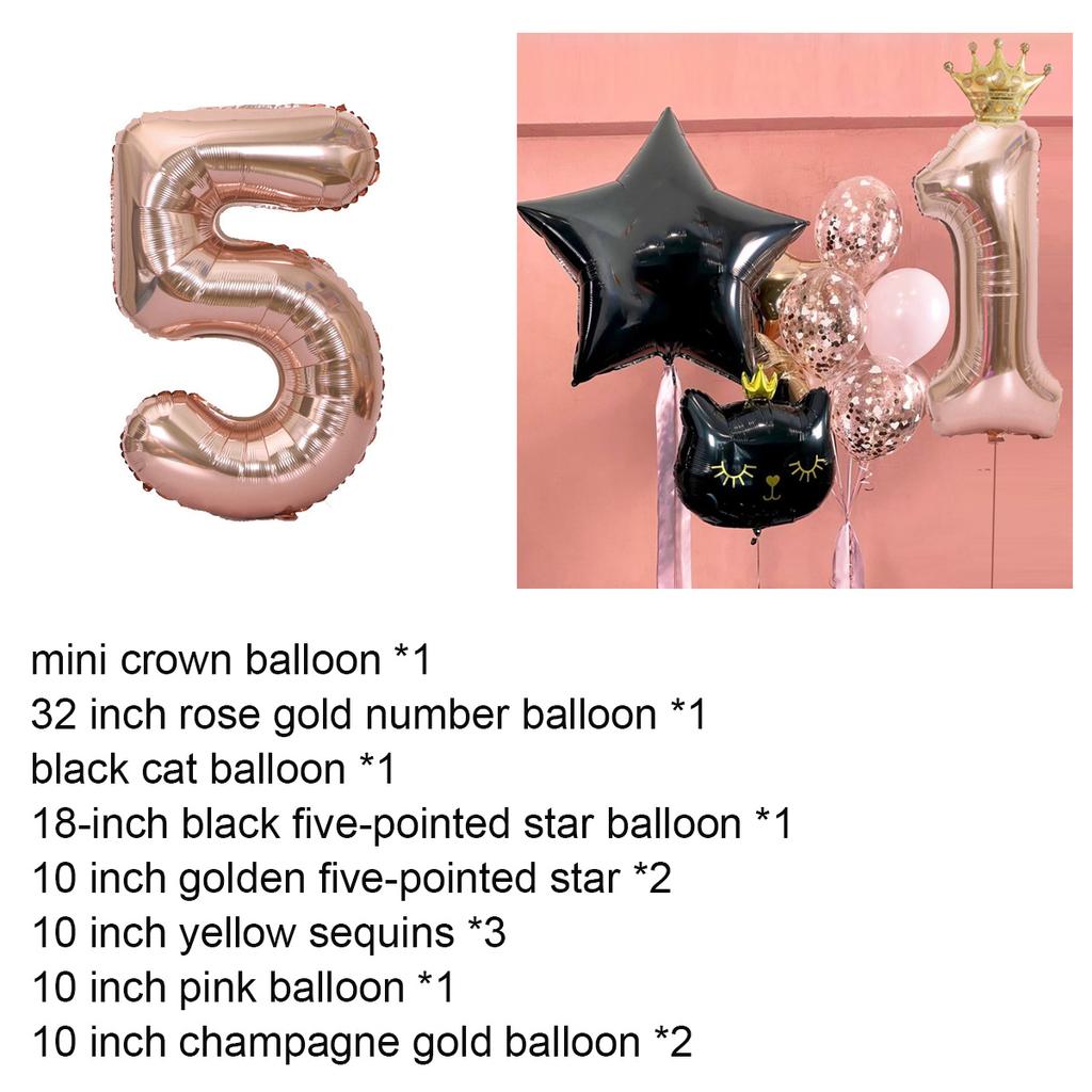 12Pcs Rose Gold Number Crown Cat Balloons Set Metallic Latex Five-pointed Star Sequin Balloons for Happy Birthday Party Decorations