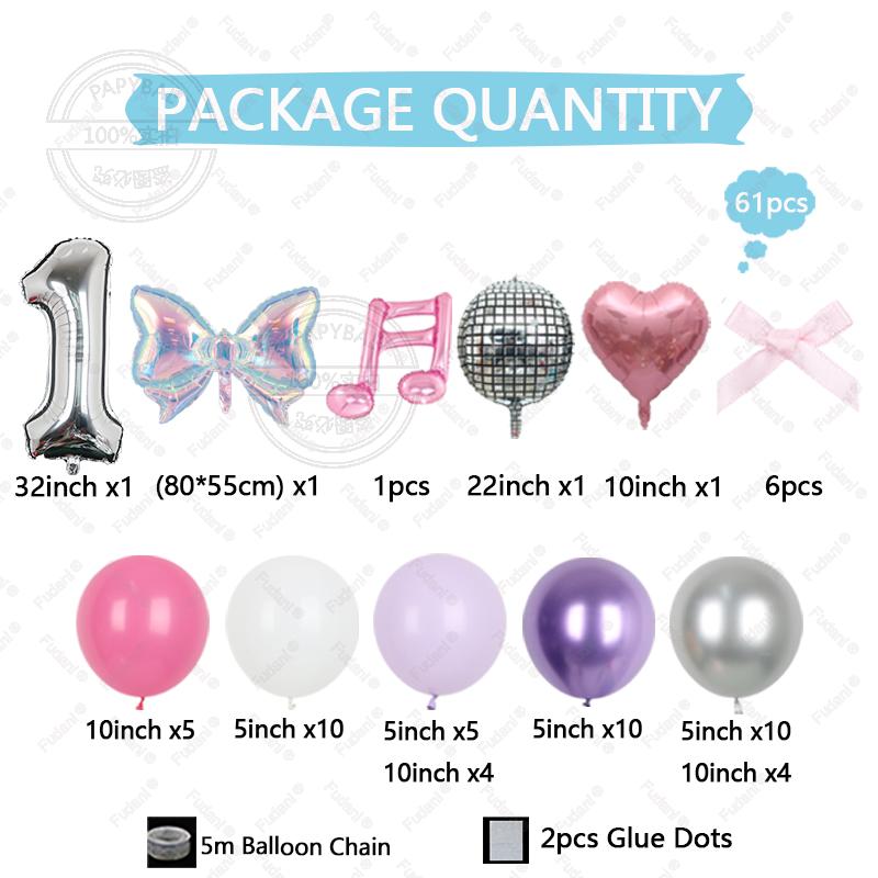 62pcs Colorful Bow Disco Balloon Silver Number Birthday Balloon Set Pink Music Note Children Adult Festive Party Decoration