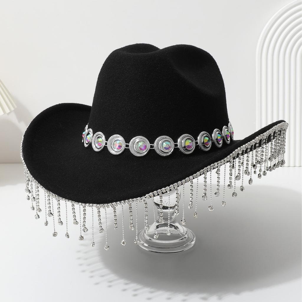 European and American crystal fringed western cowboy top hat festival party jazz hat felt hat