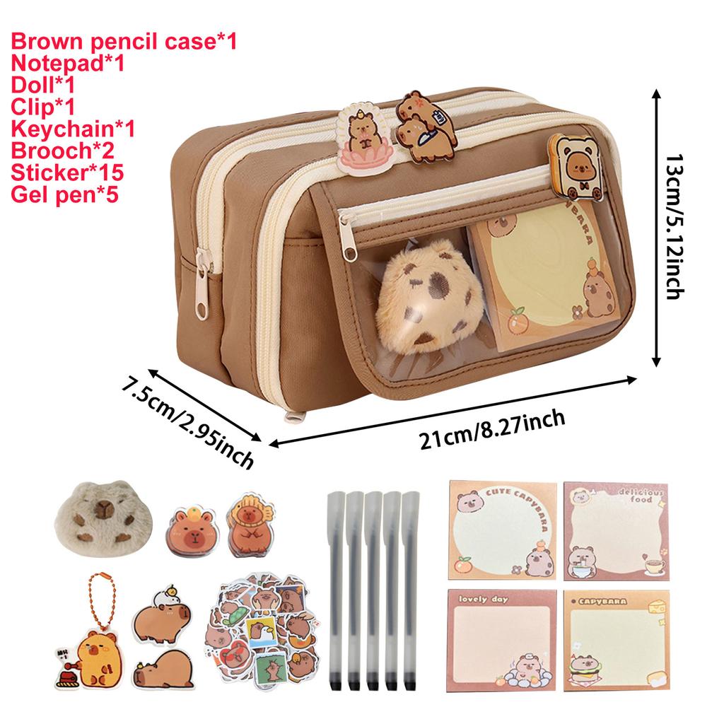 Clear Pencil Pouch With Cute Capybara Plush And Stickers Doll Pencil Pouch Cute Office Stationary Makeup Bag Cute Stationery Bag