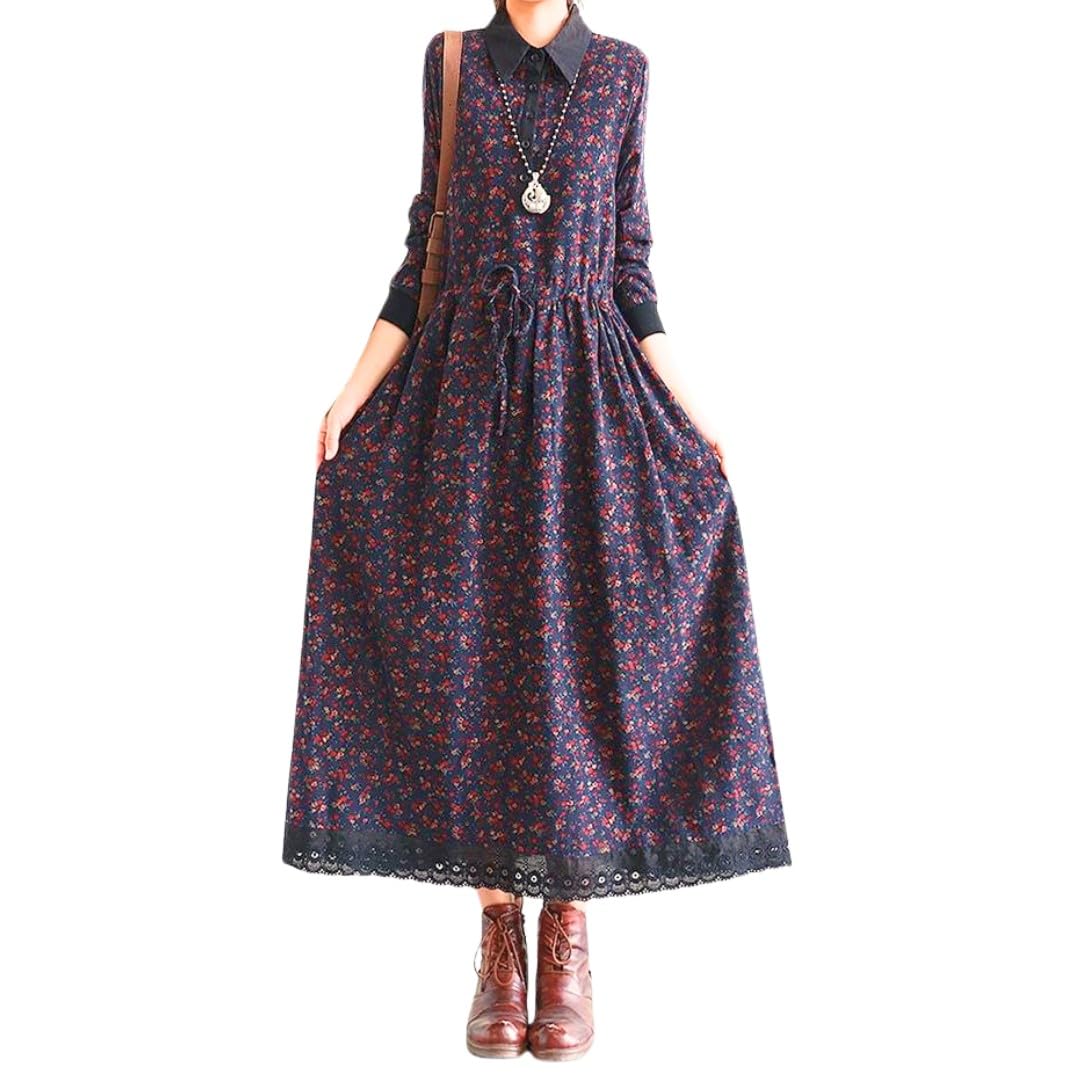 

[UQQA] Women s Retro Dress with Elegant Waist Ribbon and Botanical Print, Long Sleeves