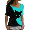 Diagonal Collar Black Cat Printed T-shirt Diagonal Collar Black Cat Print T-shirt