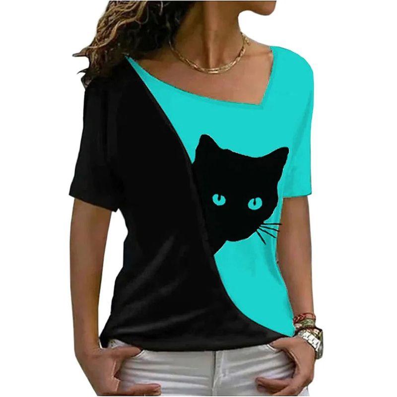 Diagonal Collar Black Cat Printed T-shirt Diagonal Collar Black Cat Print T-shirt