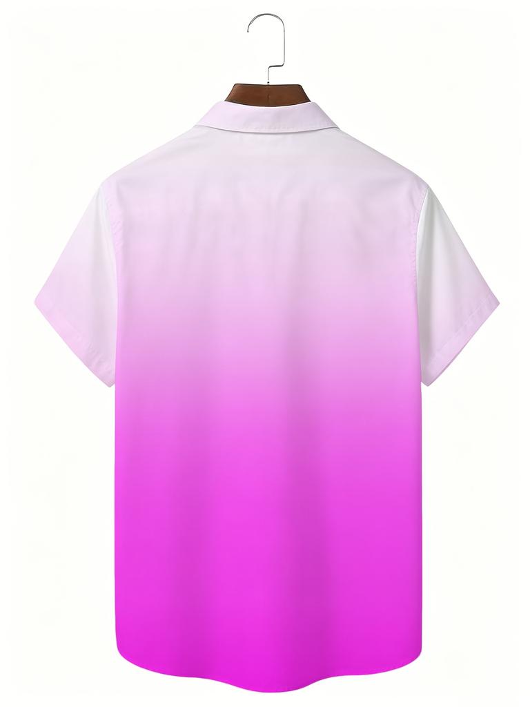 Men's Gradient Pink Lapel Button-Up Shirt - Short Sleeve Breathable Polyester Button Collar Collar Suitable for Outdoor, Beach Parties, Carnivals &