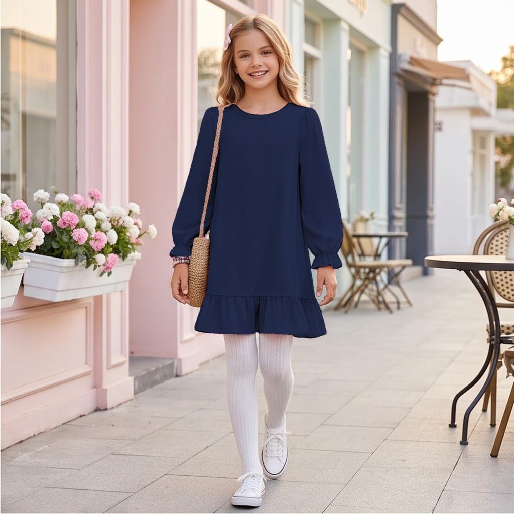Lässiges Rüschenkleid für Mädchen, Bequemes Farbkleid für Frühling und Herbst zum täglichen Tragen