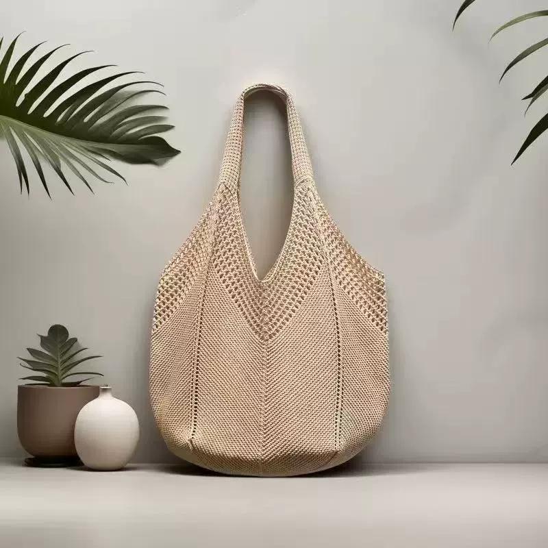 Yogodlns Casual Hollow Women Shoulder Bag Solid Color Large Capacity Summer Woven Beach Bag Foldable Handmade Crochet Tote Bag