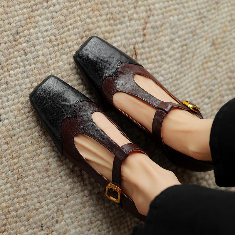 2024 New High Quality Women Pumps Thick High Heels Genuine Leather T-strap Buckles Retro Spring Summer Shoes Woman Office Pumps