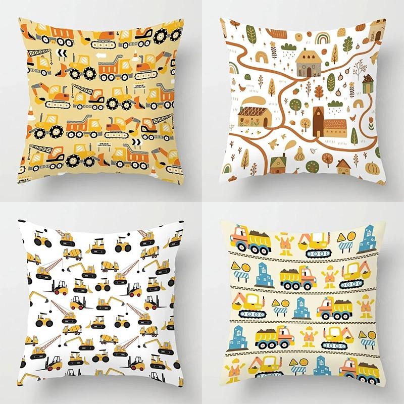 Decoration Cute Building Vehicle and Country Pattern Pattern Cushion Cover Suitable for Sofa Bedroom Car Pillow Cover