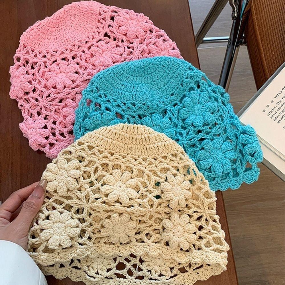 Weave Knit Basin Caps Hollow Beanies Cap Korean Crochet Flower Hat  Streetwear